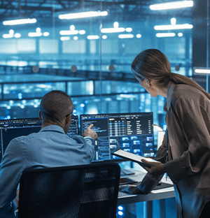 Techniciens supervisant les performances et le refroidissement d’un data center haute densité sur écrans de contrôle