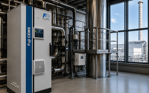 Armoire CEMS Fuji Electric install&eacute;e dans une salle industrielle pour la surveillance continue des &eacute;missions atmosph&eacute;riques