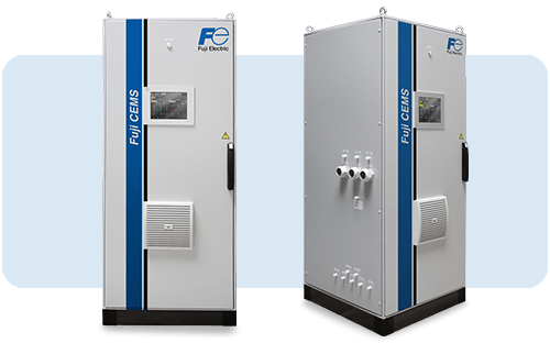 Armoire CEMS Fuji Electric de surveillance continue des &eacute;missions industrielles pr&eacute;sent&eacute;e en vue de face et de trois quarts