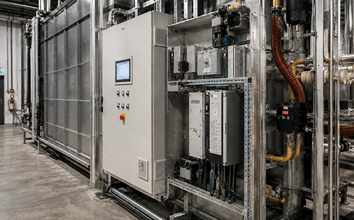 Armario de control y equipos eléctricos integrados en un sistema industrial de recuperación de calor para un horno de cremación