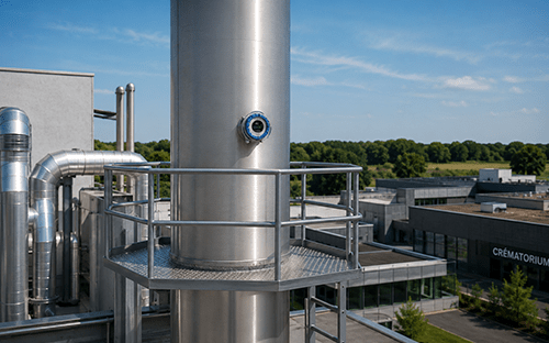 Capteur install&eacute; sur une chemin&eacute;e industrielle pour la mesure continue des &eacute;missions atmosph&eacute;riques en toiture
