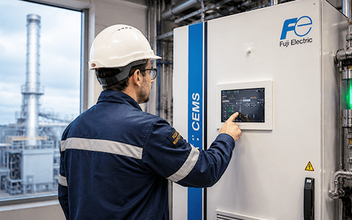 Technicien utilisant l'&eacute;cran tactile d'une armoire CEMS Fuji Electric pour le suivi des &eacute;missions sur un site industriel