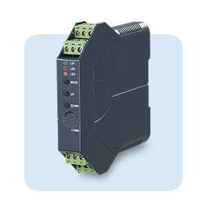 Convertidor de señales universal modelo M3LU con indicadores LED, mandos en el panel frontal y bornes para montaje en carril DIN