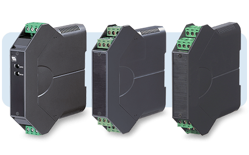 Tres convertidores de señales analógicas del tipo B3 para montaje en carril DIN con diferentes configuraciones de panel frontal