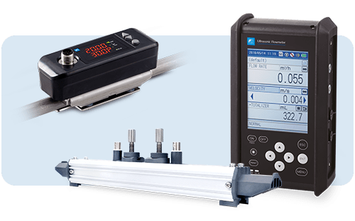 Débitmètre ultrasonique portable avec afficheur numérique, capteurs et rail de montage pour mesure de débit sur tuyauterie