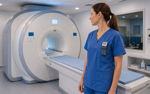 Professionnelle de santé portant un dosimètre électronique personnel devant un appareil d'imagerie médicale en salle d'examen