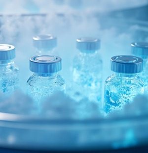Glasflaschen in einem Kühlraum, die die Temperaturkontrolle in einer pharmazeutischen Umgebung veranschaulichen