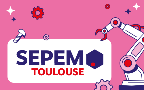 Illustration du salon SEPEM Toulouse avec un bras robotis&eacute;, un engrenage et le logo de l'&eacute;v&eacute;nement sur fond rose