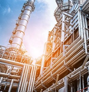 Industrieanlage mit Prozesskolonnen, Rohrleitungen und Stahlkonstruktionen an einem Produktionsstandort
