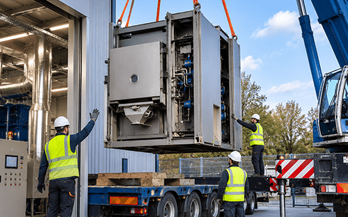 Módulo industrial de recuperación de calor que se está instalando con una grúa frente a un edificio técnico de un crematorio