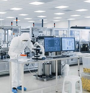 Techniker in Reinraumkleidung bei der Arbeit mit einem Mikroskop in einem industriellen Produktionslabor