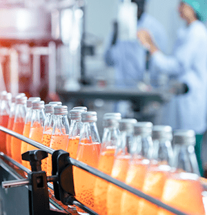 Getränkeproduktionslinie mit Glasflaschen auf einem Förderband in einer industriellen Umgebung