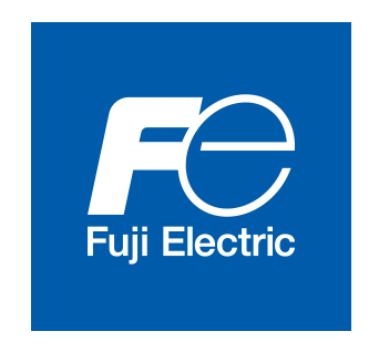 Logo Fuji Electric blanc sur fond bleu avec monogramme FE et nom de l&rsquo;entreprise