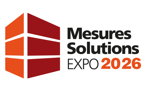 Logo Mesures Solutions EXPO 2026 avec pictogramme géométrique rouge et orange et nom de l'événement sur fond blanc