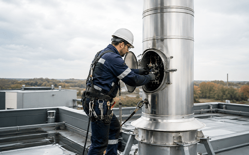 Technicien &eacute;quip&eacute; d'un harnais inspectant une chemin&eacute;e industrielle dans le cadre de la surveillance des &eacute;missions atmosph&eacute;riques