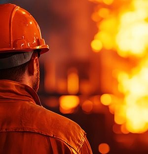 Ein mit einem Schutzhelm ausgestatteter Arbeiter, der einen Hochtemperatur-Industrieofen in einer Fabrik beobachtet