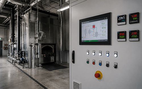 Pupitre de commande avec &eacute;cran de supervision install&eacute; &agrave; proximit&eacute; d'un four de cr&eacute;mation dans une installation industrielle
