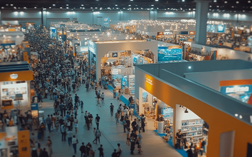 Vue d’ensemble d’un salon professionnel avec allées fréquentées, stands d’exposition et visiteurs dans un hall d’exposition
