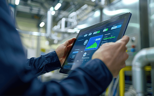 Technicien consultant une tablette affichant un tableau de bord de surveillance des &eacute;missions dans une installation industrielle