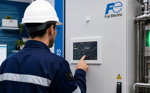 Technicien utilisant l'&eacute;cran tactile d'une armoire CEMS Fuji Electric pour le pilotage de la surveillance continue des &eacute;missions