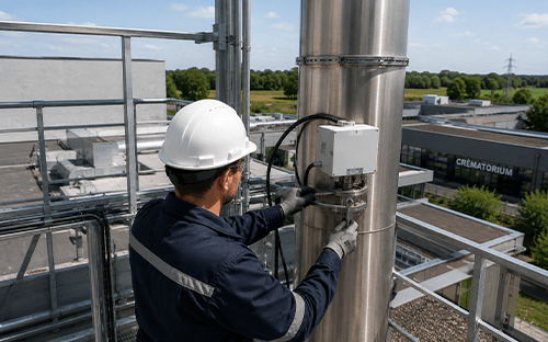 Technicien intervenant sur un capteur install&eacute; sur une chemin&eacute;e industrielle pour la surveillance continue des &eacute;missions atmosph&eacute;riques