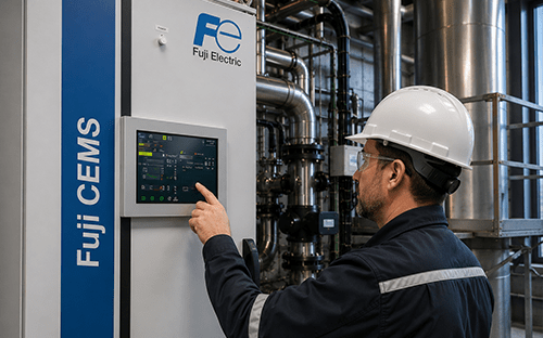 Technicien utilisant l'&eacute;cran tactile d'une armoire CEMS Fuji Electric pour la surveillance continue des &eacute;missions industrielles