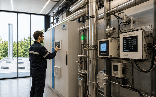 Technicien utilisant une armoire CEMS Fuji Electric pour la surveillance continue des &eacute;missions dans une installation industrielle