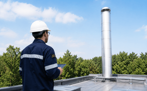 Technicien &eacute;quip&eacute; d'un casque inspectant une chemin&eacute;e industrielle dans le cadre de la surveillance des &eacute;missions atmosph&eacute;riques