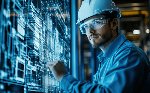 Technicien portant un casque et des lunettes de protection consultant un schéma industriel sur un écran numérique interactif