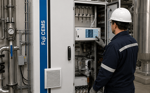 Technicien inspectant les composants d'une armoire CEMS Fuji Electric d&eacute;di&eacute;e &agrave; la surveillance continue des &eacute;missions industrielles