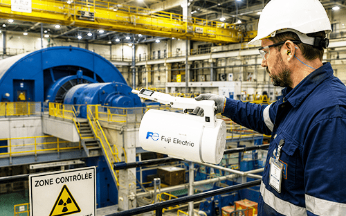 Technicien utilisant un radiamètre portable Fuji Electric pour la détection des neutrons dans une installation industrielle