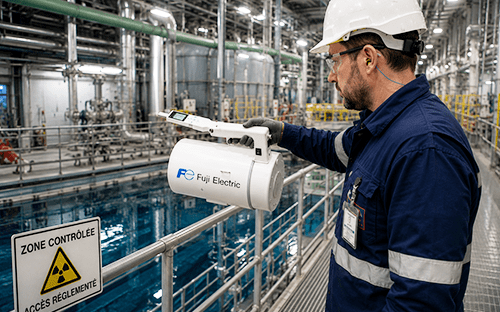 Le radiamètre portable Fuji Electric est utilisé par un technicien pour effectuer des mesures de neutrons en environnement industriel contrôlé.