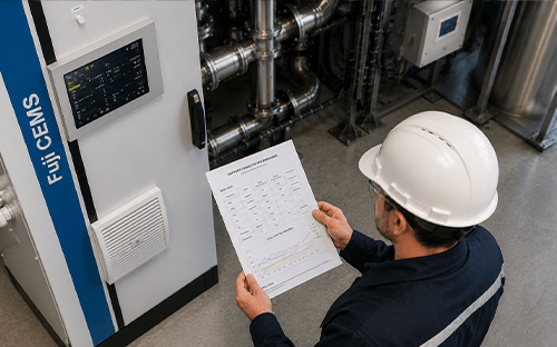 Technicien consultant un rapport de surveillance devant une armoire CEMS Fuji Electric dans une installation industrielle