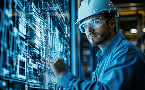 Technicien portant un casque et des lunettes de protection analysant des données sur une interface numérique de supervision industrielle