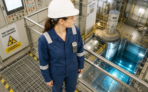 Technicienne équipée d'un dosimètre électronique personnel dans une installation industrielle en zone contrôlée de radioprotection