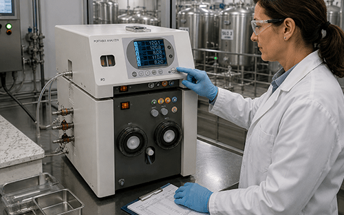 Лабораторный техник, работающий с портативным газоанализатором, подключенным к нескольким линиям отбора проб