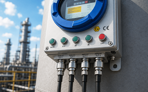 Ein genauer Blick auf die Bedienelemente, die Ex- und CE-Kennzeichnungen sowie die Anschlüsse eines ATEX-konformen Sauerstoffanalysators mit Zirkoniumdioxid-Sensor