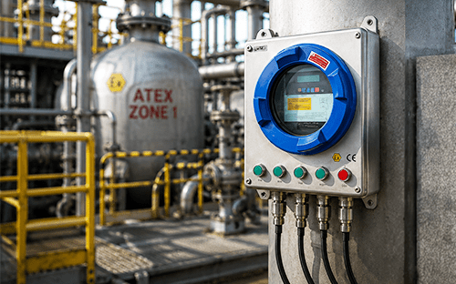 ATEX-konformer Sauerstoffanalysator aus Zirkonoxid, installiert in Zone 1, mit Bedienelementen an der Vorderseite und festverdrahteten Anschlüssen