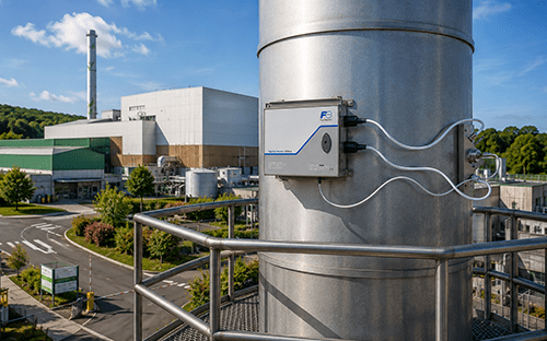 Staubmessgerät von Fuji Electric, installiert an einem Abgaskamin eines Industriestandorts