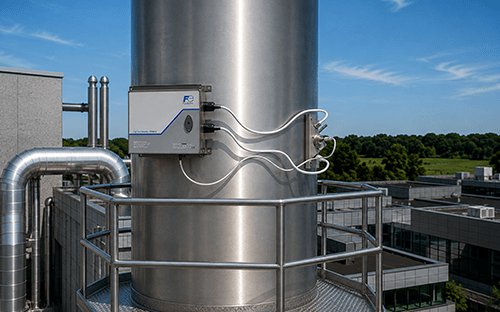 Staubmesssystem von Fuji Electric, installiert an einem Metallschornstein eines Industriestandorts