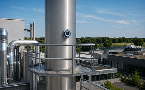Staubmessgerät, installiert an einem Metallschornstein auf einem Industriegelände