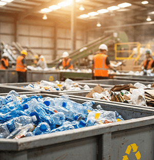 Centro di smistamento dei rifiuti con bottiglie di plastica in primo piano e operatori su una linea di riciclaggio