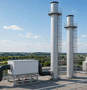 Zwei Industrieschornsteine, die über Metallrohre mit einer Entstaubungsanlage verbunden sind