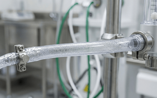 Tubo trasparente con condensatore collegato a un’apparecchiatura per l’analisi dei gas in ambito tecnico