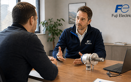 Un consulente della Fuji Electric discute con un cliente riguardo a una sonda industriale in un ufficio