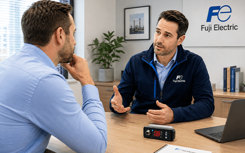 Conseiller Fuji Electric échange avec un client au sujet d’un équipement de mesure de débit