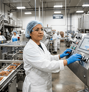 Operatrice in indumento protettivo alla guida di una linea di produzione agroalimentare automatizzata
