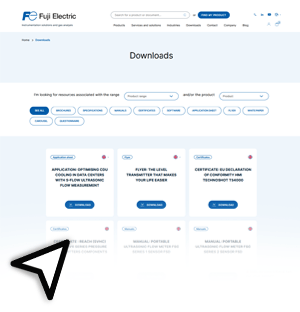 Fuji Electric's Downloads page, providing access to technical documentation, certificates, and product resources