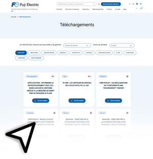 Page Téléchargements de Fuji Electric donnant accès aux documentations techniques, certificats et ressources produits