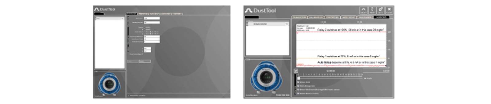 Schnittstellen der DustTool-Software zur Konfiguration eines QALDUST-Analysators und zur Anzeige der Staubmesswerte